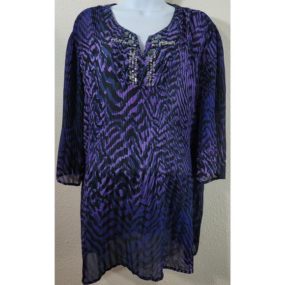 Maggie Barnes Purple Black Accordion Pleat Beaded Bodice Top 16W Lightweight - Picture 1 of 6